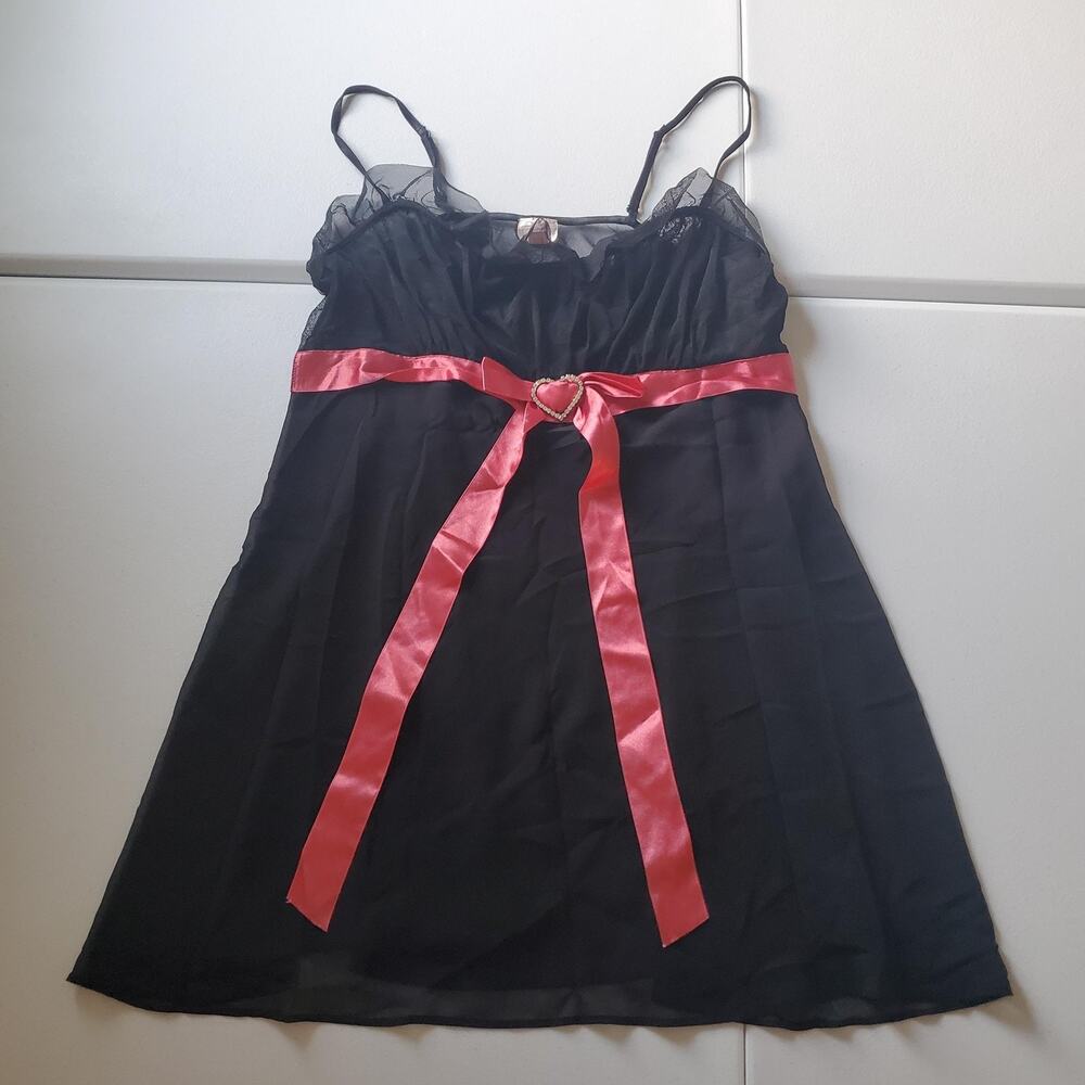 Y2K Mcbling Whimsigoth Babydoll Gown Womens Large Black Chiffon Pink Heart Sheer